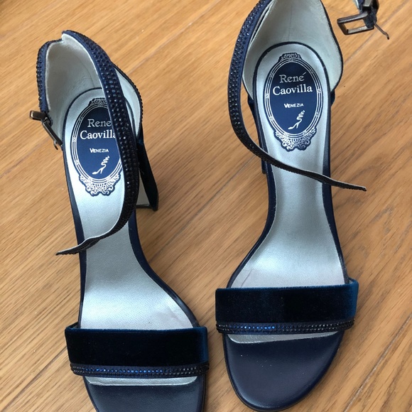 Rene Caovilla Shoes - Rene Caovilla Crystal Block Heel Sandals in Navy